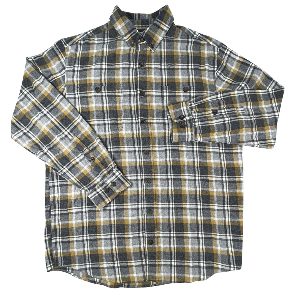Duluth Flannel Shirt Mens L Tall Gray Yellow Plaid Relaxed Fit 100% Cotton